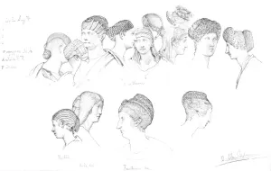 Sir Lawrence Prints: Studies of Roman headresses in the Uffizi Museum, Florence, c1880-1882