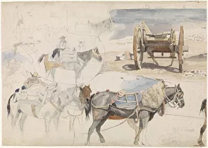 Willem Anthonie Van Deventer Prints: Studies of shell cart and horses on the beach, 1852. Creator: Willem Antonie van Deventer