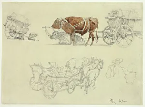 Wagons Prints: Studies of Slovakian Peasant Wagons with Oxen and Horses, n.d. Creator: Rudolf von Alt