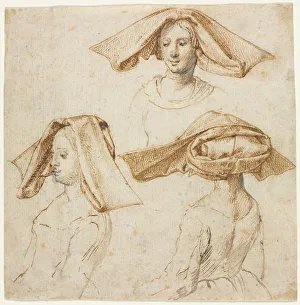 Heightened With Lead White Prints: Three Studies of a Woman Wearing an Elaborate Headdress, c. 1500. Creator: Anonymous