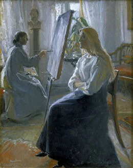 In the Studio, Anna Ancher, the Artists Wife Painting, late 19th-early 20th century. Artist: Michael Peter Ancher