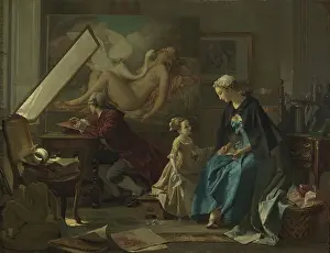 Swan Prints: The Studio of the Engraver, 1850. Creator: Jean-Baptiste Antoine Emile Beranger