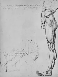 Notebook Prints: Study of the Lower Half of a Man and of Machinery, c1480 (1945). Artist: Leonardo da Vinci