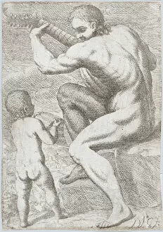 Study of a naked man playing a vihuela, a child holding a sheet of music at the left, ... ca. 1693