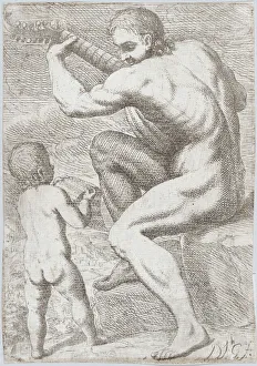 Study of a naked man playing a vihuela, a child holding a sheet of music at the left, ..., ca. 1693 Study of a naked man playing a vihuela, a child holding a sheet of music at the left, ..., ca. 1693
