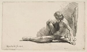 Rijn Collection: Study from the Nude: Man Seated on Ground, with One Leg Extended, 1646
