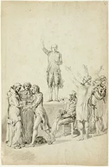 Pen And Ink Drawing Collection: Study for The Oath of the Tennis Court: Bailly Standing on the Desk, Asking for a Vote, c. 1791