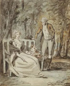 Etiquette Prints: Study for a Portrait: A Lady and a Gentleman in a Park, ca. 1780. Creator: Unknown