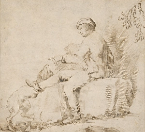 Pen On Paper Prints: Study of a seated man playing with a dog, around 1600. Creator: Unknown