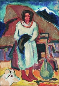 Palugyay Zolo Prints: Study of a village girl in front of a cottage, 1932. Creator: Zolo Palugyay