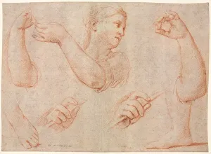 Study of a Young Woman Playing a Tambourine, and Studies of an Arm, Hands, and Feet