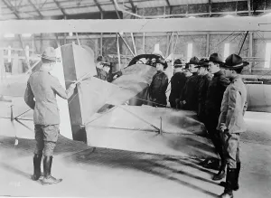 Rudder Prints: Studying aeroplane [i.e. airplane] rudder, 1917 or 1918. Creator: Bain News Service