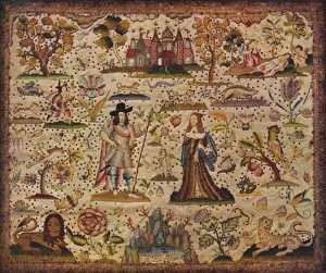 Stump-work panel: the figures Mars and Venus, c17th century Stump-work panel: the figures Mars and Venus, c17th century