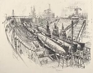 Dry Dock Gallery: Submarines in Dry Dock, 1917. Creator: Joseph Pennell