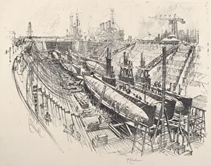 Graving Dock Prints: Submarines in Dry Dock, 1917. Creator: Joseph Pennell