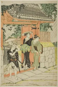Pilgrims Prints: Sudden Shower at Mimeguri Shrine, c. 1787. Creator: Torii Kiyonaga