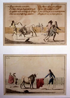 Suerte de Banderillas (Bullfighting stage), colored engraving by Antonio Carnicero