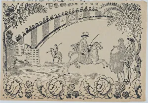 Matador Prints: Suerte I: Bull entering the bullring after a law officer on horseback; two toreros