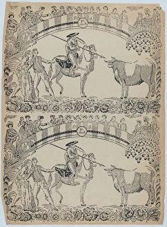 Bullfight Gallery: Suerte II: Picador on horseback about to stab a bull with a pique; two toreros behi... ca