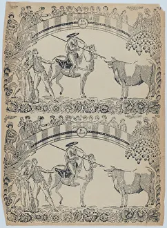 Matador Prints: Suerte II: Picador on horseback about to stab a bull with a pique; two toreros behi
