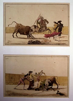 Suerte de Varas (Bullfighting stage), colored engraving by Antonio Carnicero