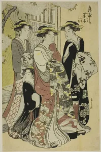 Eishi Chobunsai Prints: Sugawara of the Tsuruya with Attendants Mumeno and Takeno, c. 1787. Creator: Hosoda Eishi