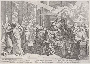 Distress Gallery: The suicide of Dido who reclines on a pyre in centre, surrounded by many figures, 1650-55