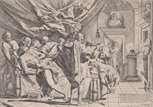 Horrible Gallery: The suicide of the philosopher Cato, who lies on his bed pulling out his innards watched