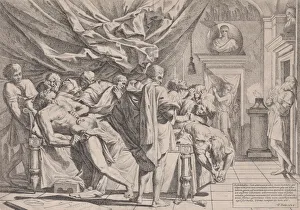 Pietro Prints: The suicide of the philosopher Cato, who lies on his bed pulling out his innards watched