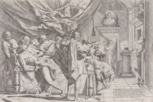 The suicide of the philosopher Cato, who lies on his bed pulling out his innards watched