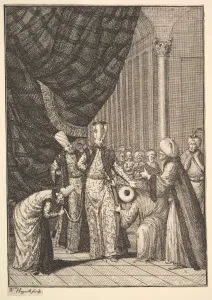 Aubry De La Prints: Sultan Ahmed III Crowned in the Mosque at Eyups (Aubry de La Mottrayes