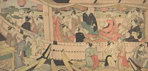 Triptych Of Polychrome Woodblock Prints Gallery: Sumida River Holiday, 1788-90. Creator: Torii Kiyonaga