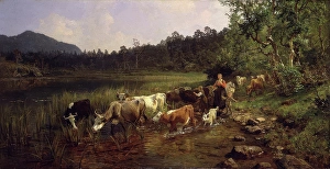 Herdswoman Prints: Summer Day by the Tarn, 1876. Creator: Anders Monsen Askevold
