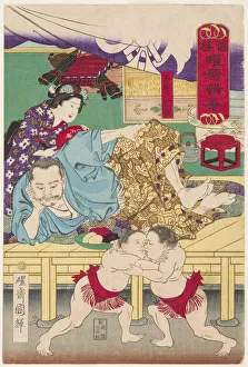 Two Sumo children in Action in front of Tachibana Muneshige, 1861