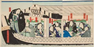 Sports His Prints: Sumo Wrestler Dairiki Maru on a boat with friends, 1864