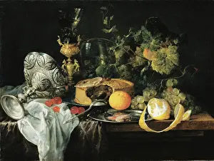 Black Background Prints: Sumptuous Still Life with Fruits, Pie and Goblets, 1651. Creator: Jan Davidsz de Heem