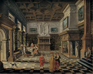 Fireplace Prints: Sumptuous renaissance interior with a banquet; Interior with Party at Table