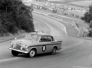 Corner Prints: Sunbeam Rapier racing at Brands Hatch, Kent, 1961