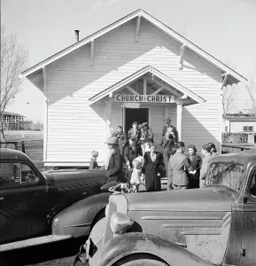 Clapboard Prints: Sunday morning service, Tranquillity, California, 1938. Creator: Dorothea Lange
