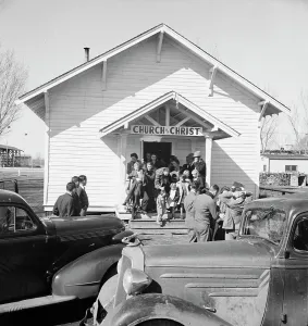 Clapboard Prints: Sunday morning service, Tranquillity, California, 1938. Creator: Dorothea Lange