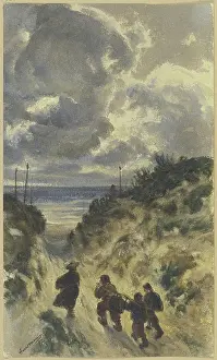 Shore Prints: Sunken way on the lake shore with four men, 1852. Creator: Friedrick Karl Hausmann