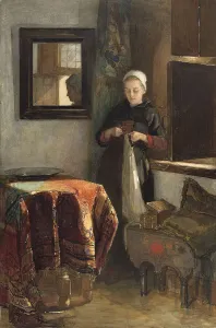 Mending Prints: The sunny corner': young woman in a room in Hindeloopen