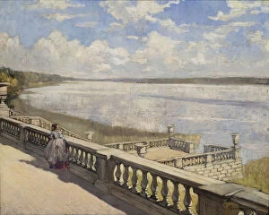 Sunny day. A lady at the balustrade, 1908. Artist: Vinogradov, Sergei Arsenyevich (1869-1938)