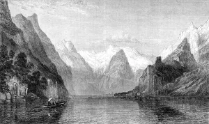 Sunrise on the Königs See, Berchtesgaden, Bavarian Alps, by W. C. Smith, in the exhibition...1864. Creator: J Cooper. Sunrise on the Königs See, Berchtesgaden, Bavarian Alps, by W. C. Smith, in the exhibition...1864
