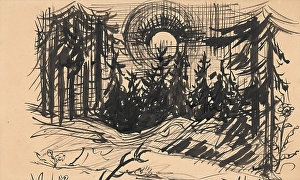 Evergreen Prints: Sunset in the forest, 1930-1939. Creator: Arnold Peter Weisz-Kubincan