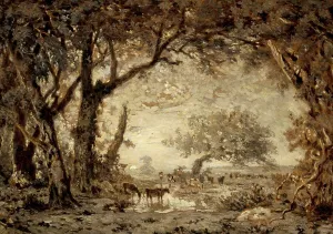 Oil Paint Prints: Sunset from the Forest of Fontainebleau, 1848. Creator: Theodore Rousseau