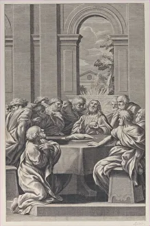 Pierre Fran And Xe7 Prints: The Last Supper, the interior of a classical building with Christ and his apostles seat