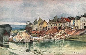 Sur les Champs de Bataille de 1918; le pont detruit de Chateau-Tierry, 1918. Creator: Francois Flameng