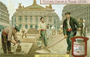 Roadworks Prints: Surfacing a Paris street with wooden blocks, c1900