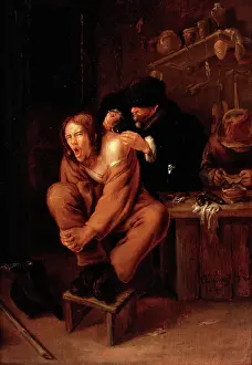 Pain Prints: A surgeon applying medicine to a wound in the shoulder of a man in pain